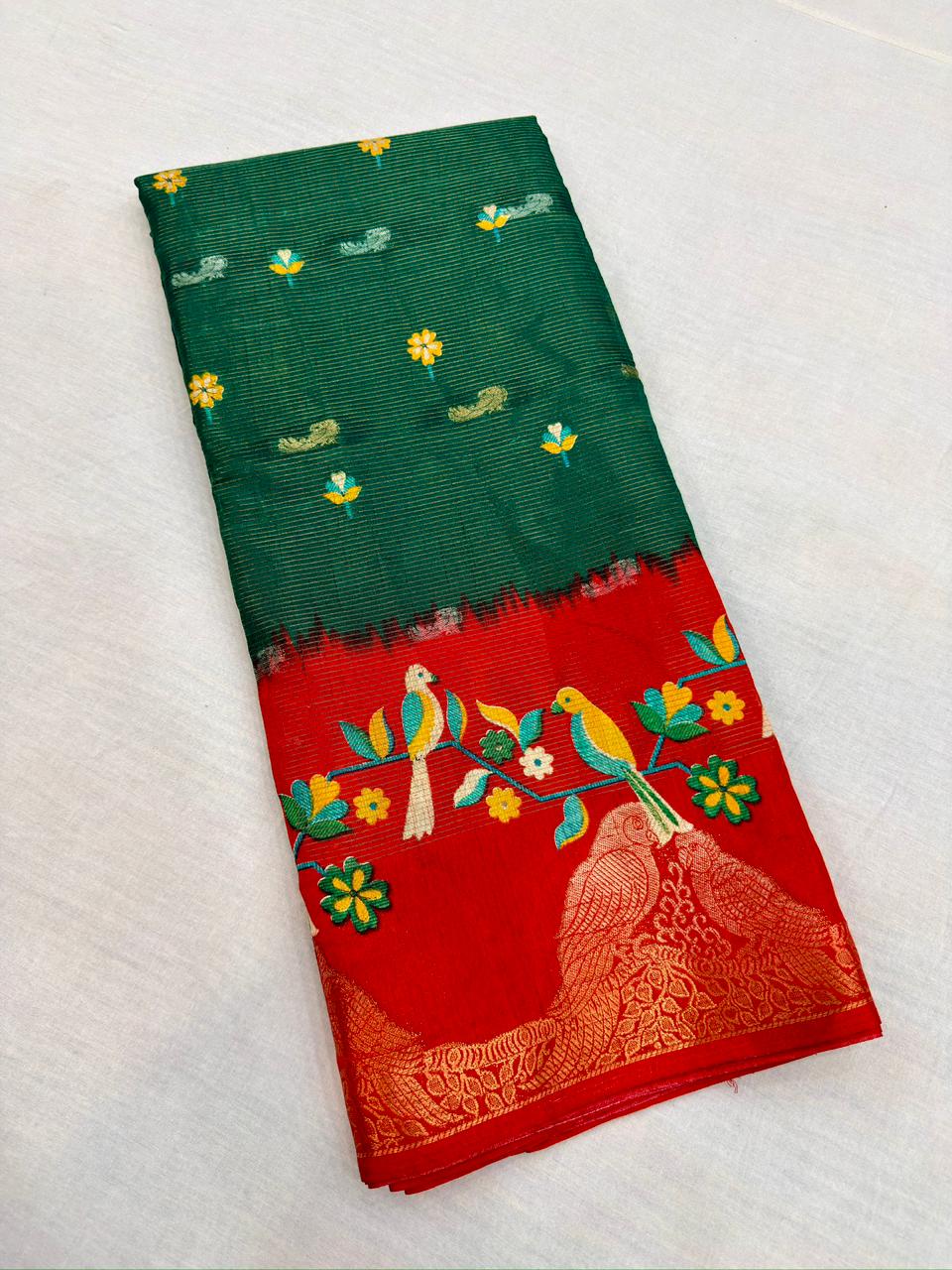 Parrot dola silk Saree all over jari weaving